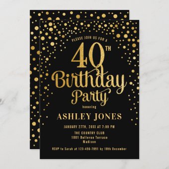 40th Birthday Party - Black & Gold Invitation | Zazzle