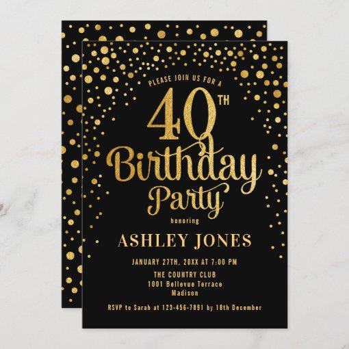 40th Birthday Party - Black & Gold Invitation | Zazzle