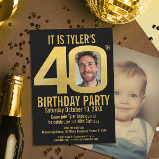 40th Birthday party black gold photo Invitation