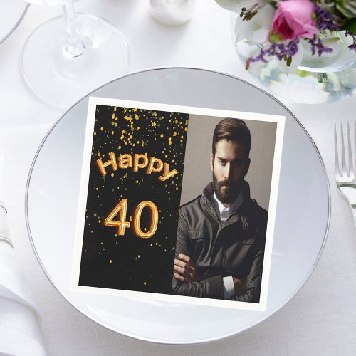 40th birthday party black gold photo napkins