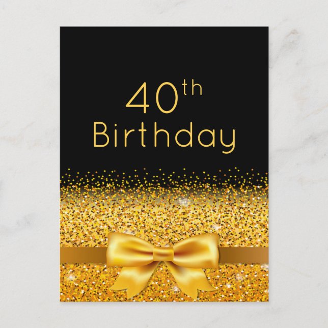 40th birthday party black gold sparkle invitation postcard (Front)