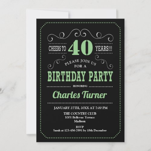 40th Birthday Party _ Black Green Invitation