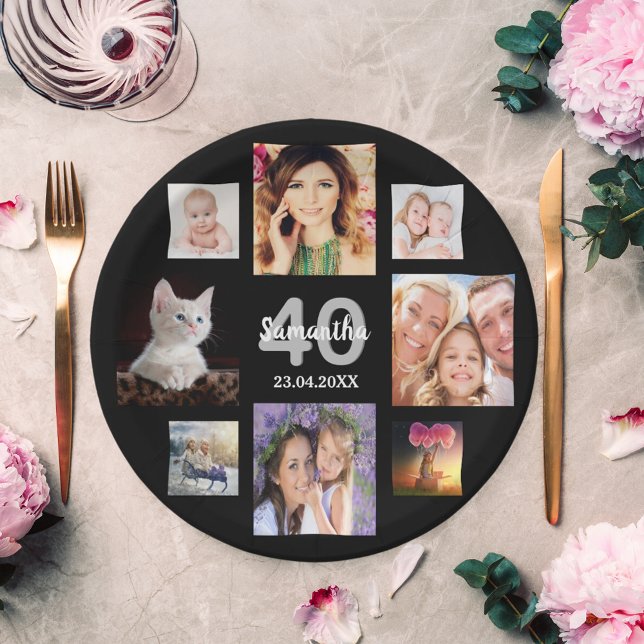 40th birthday party black photo collage woman paper plates (Creator Uploaded)