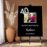 40th birthday party black photo name guy foam board<br><div class="desc">For a 40th birthday party.  Black background,  white text.  Personlize and add a high quality photo,  text,  name and date. Number 40 is writen with a faux silver balloon style font. Can be used as wall decor for the party or as a welcome poster.</div>
