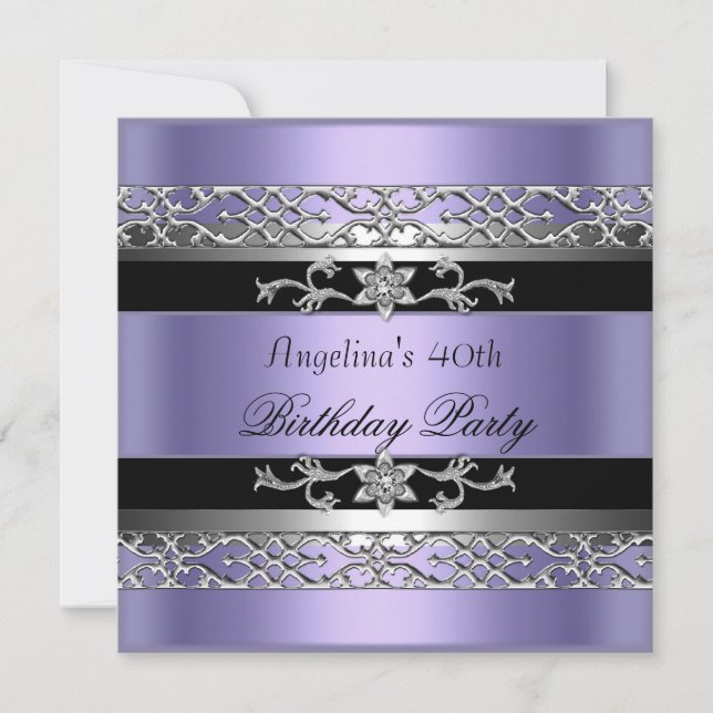 40th Birthday Party Black Purple Silver Invitation (Front)