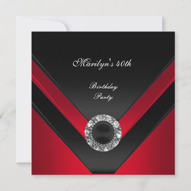 40th Birthday Party Black  Red Diamond Jewel Invitation (Front)
