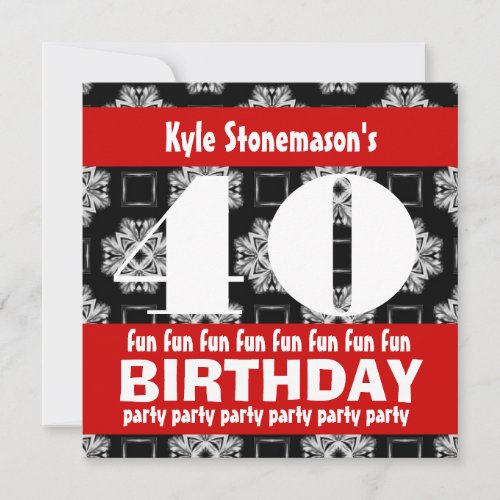 40th Birthday Party Black Red White Contemporary Invitations