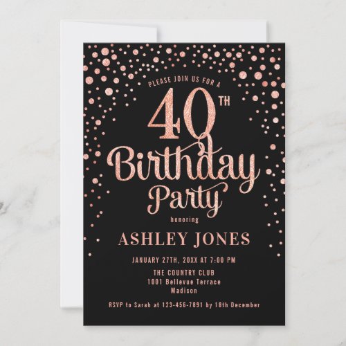 40th Birthday Party _ Black  Rose Gold Invitation