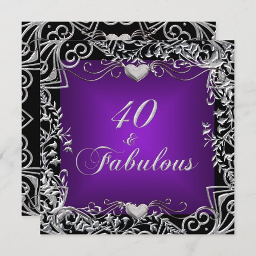 40th Birthday Party Black Silver Deep Purple Invitation