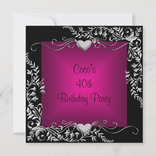 40th Birthday Party Black Silver Floral Pink Invitation (Front)