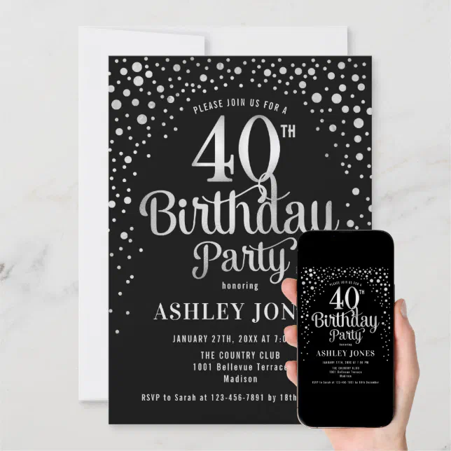 40th Birthday Party - Black & Silver Invitation | Zazzle