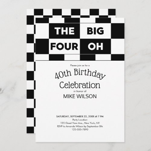 40th Birthday Party Black White Checkered Pattern Invitation
