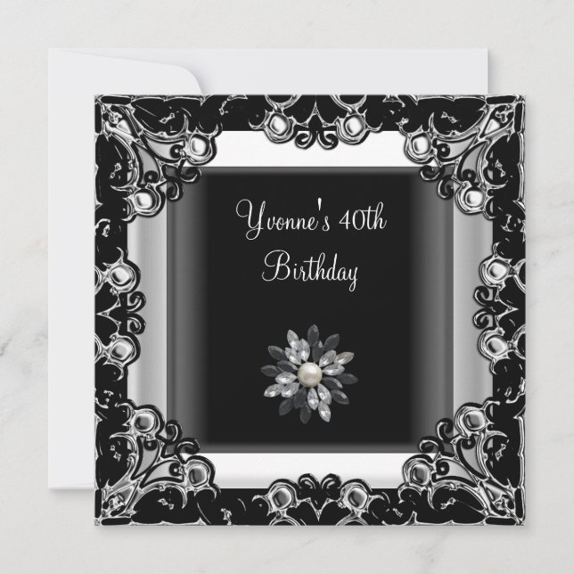 40th Birthday Party Black White Crystal Pearl Invitation (Front)