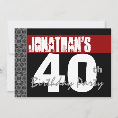 40th Birthday Party Black White Pattern and Red Invitation