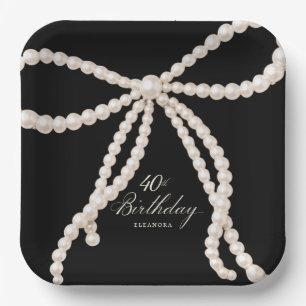 40th Birthday Party Black White Pearl Bow Elegant Paper Plates