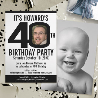 40th Birthday party black white photo Invitation
