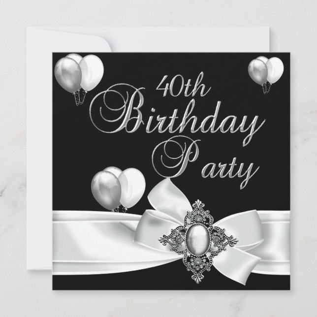 40th Birthday Party Black White Silver Balloons Invitation (Front)