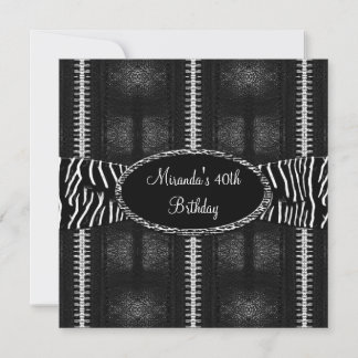 40th Birthday Party Black White Zebra Zipper Invitation