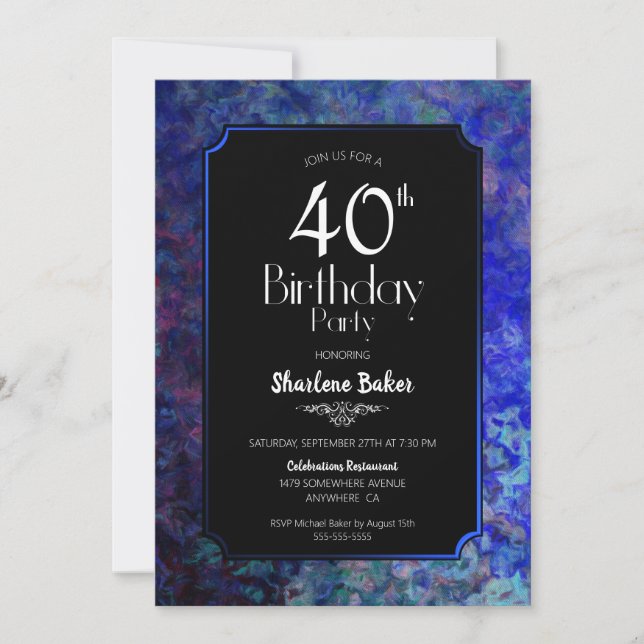 40th Birthday Party Black with Blue Border Invitation (Front)