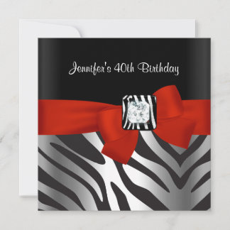 40th Birthday Party Black Zebra Stripe Red Bow Invitation