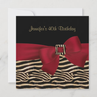 40th Birthday Party Black Zebra Stripe Red Bow Invitation