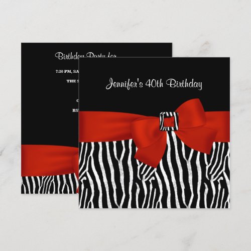 40th Birthday Party Black Zebra Stripe Red Bow Custom Invitations