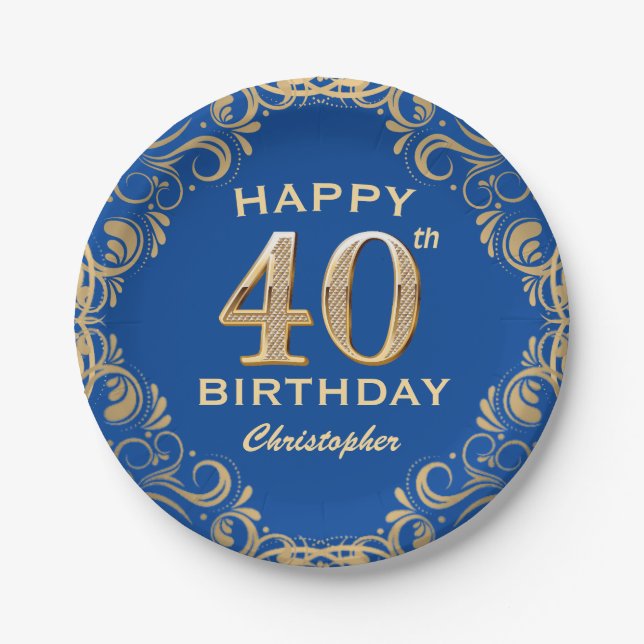 40th Birthday Party Blue and Gold Glitter Frame Paper Plates (Front)