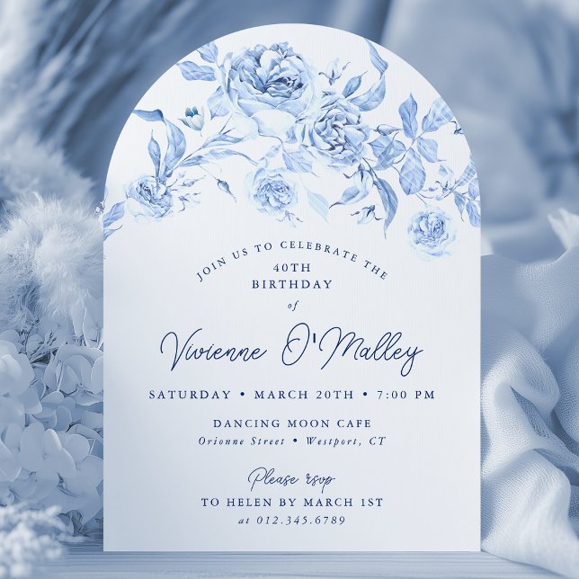 40th Birthday Party Blue Floral Arch Shape Invitation (Creator Uploaded)