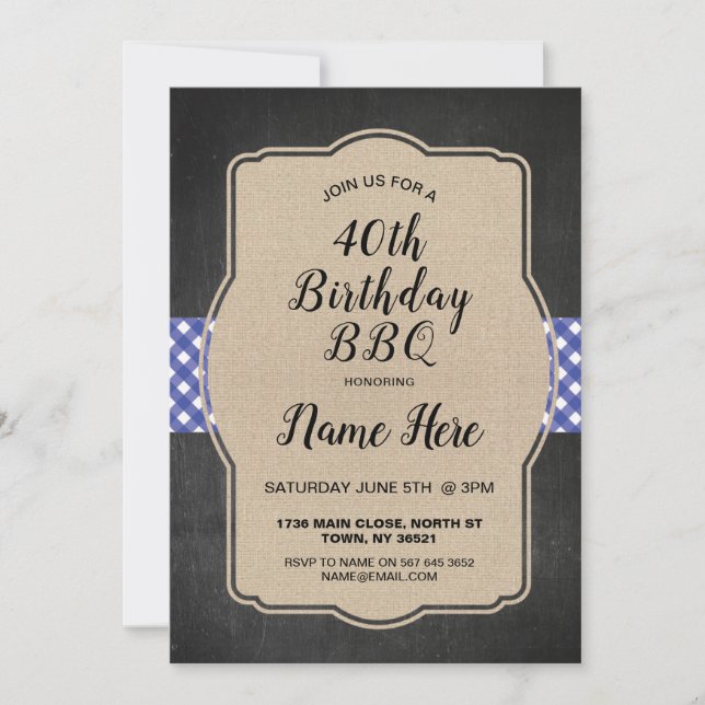 40th Birthday Party Blue Gingham Burlap BBQ Invite (Front)