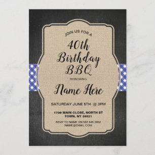 40th Birthday Party Blue Gingham Burlap BBQ Invite