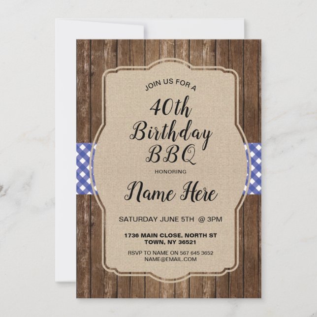40th Birthday Party Blue Gingham Burlap BBQ Invite (Front)