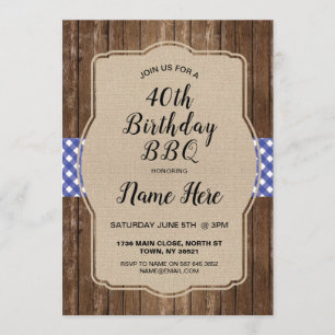 40th Birthday Party Blue Gingham Burlap BBQ Invite