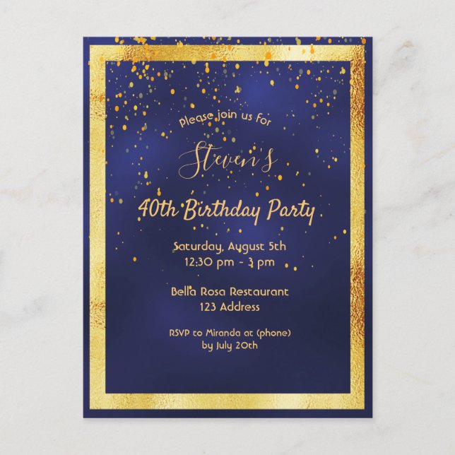 40th birthday party blue gold confetti invitation postcard (Front)