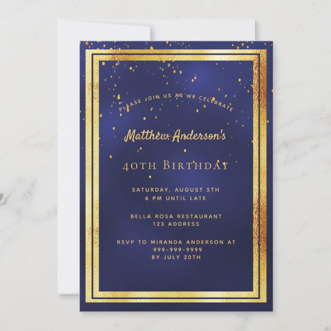 40th birthday party blue gold confetti sprinkle invitation (Front)