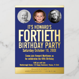 40th Birthday party blue gold foil photo circles Foil Invitation