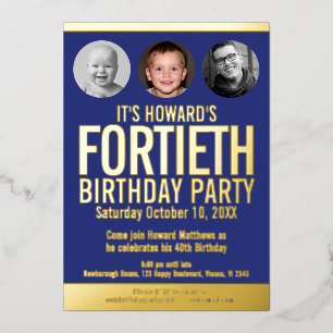 40th Birthday party blue gold foil photo circles Invitation