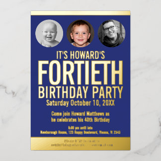 40th Birthday party blue gold foil photo circles Invitation