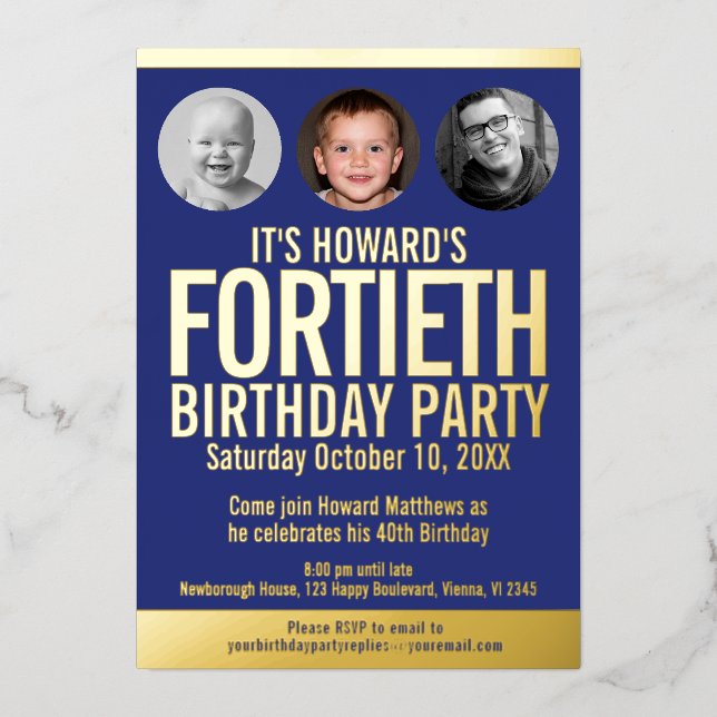 40th Birthday party blue gold foil photo circles Invitation (Front)