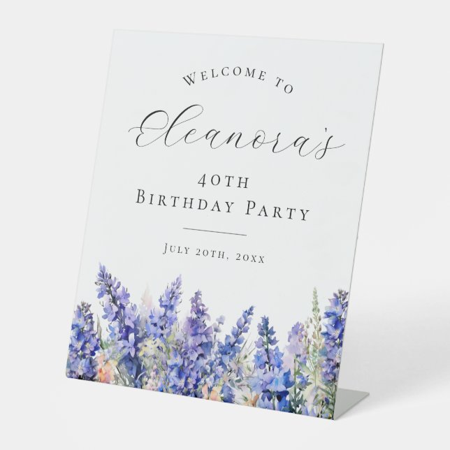 40th Birthday Party Blue July Birth Flower Welcome Pedestal Sign (Front)