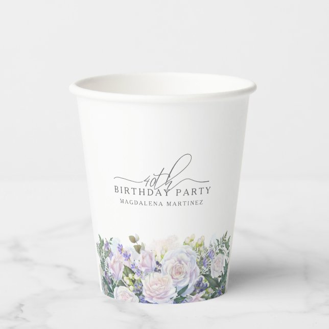 40th Birthday Party Blue White Floral Custom Paper Cups (Front)