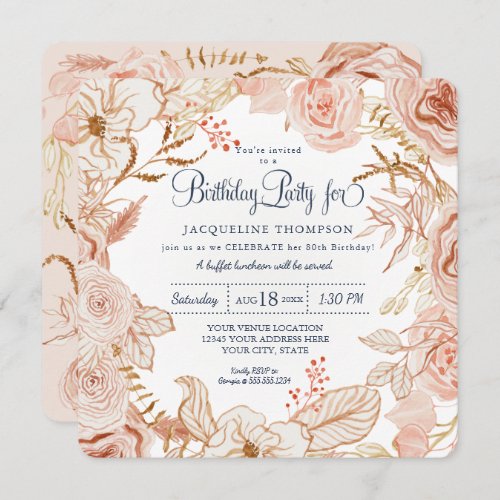 40th Birthday Party Blush Pink Watercolor Floral Invitation