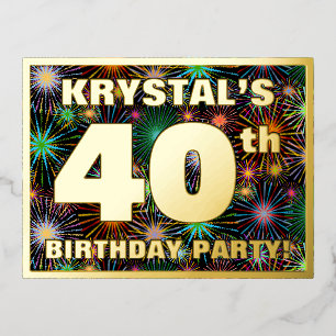 40th Birthday Party: Bold, Colorful Fireworks Look Foil Invitation Postcard