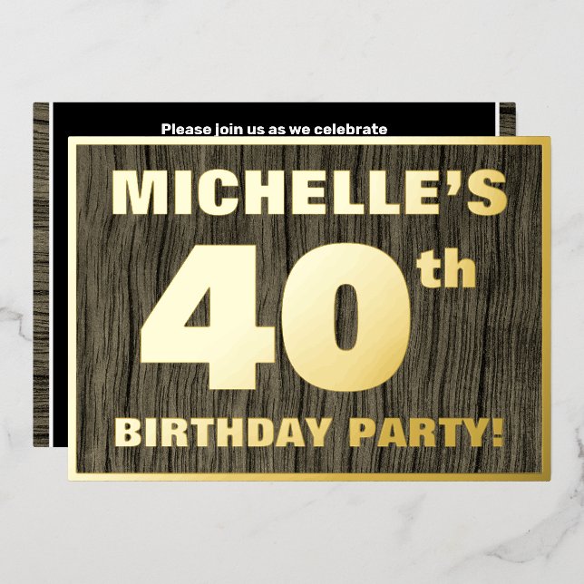 40th Birthday Party: Bold, Faux Wood Grain Pattern Foil Invitation (Front/Back)