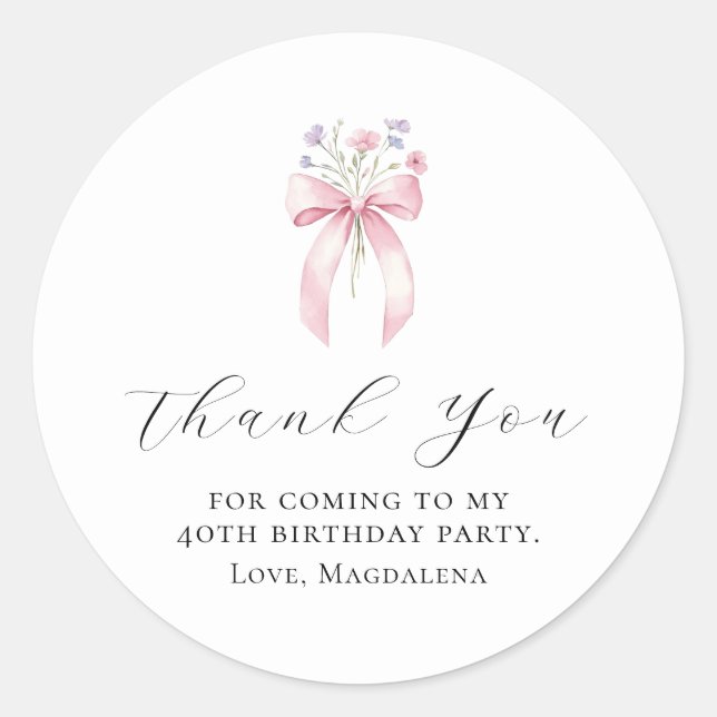 40th Birthday Party Bow Custom Thank You Favor Classic Round Sticker (Front)