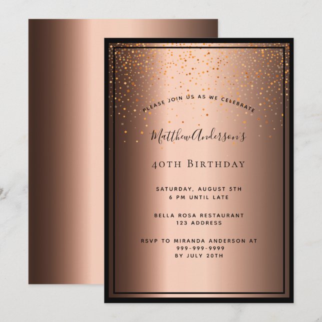 40th Birthday Party bronze brown black confetti Invitation (Front/Back)