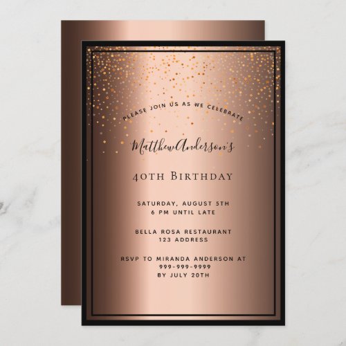 40th Birthday Party bronze brown black confetti Invitation