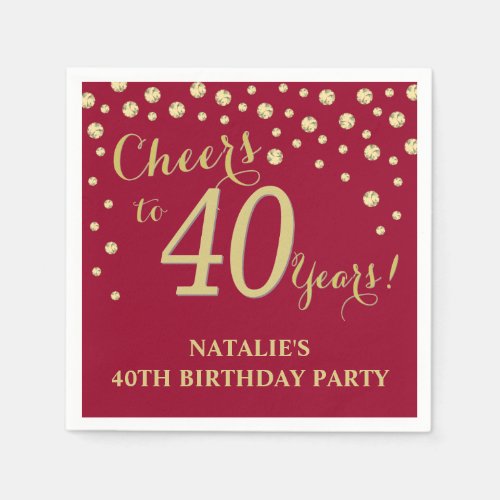 40th Birthday Party Burgundy Red and Gold Diamond Napkins