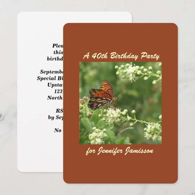 40th Birthday Party Butterfly Personalize Name Invitation (Front/Back)