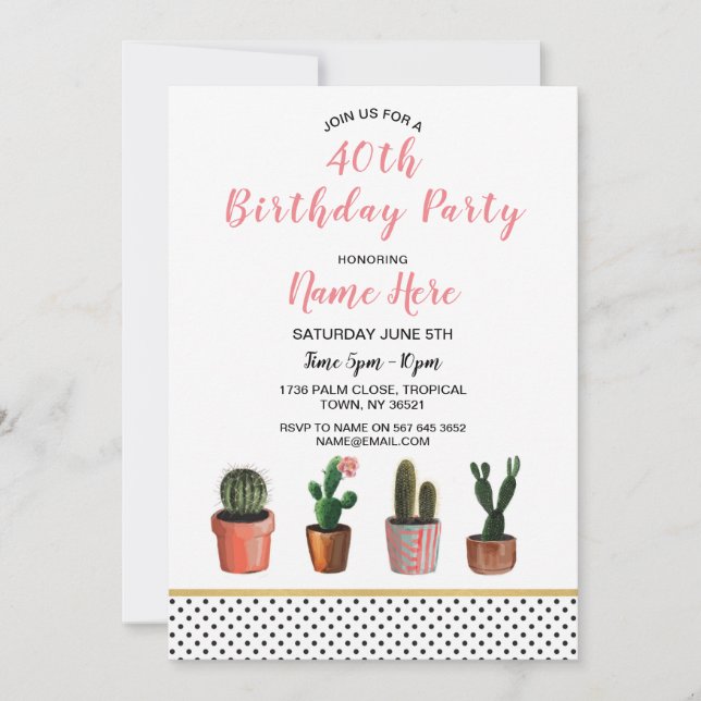 40th Birthday Party Cactus Invite 18th 21st 30th (Front)