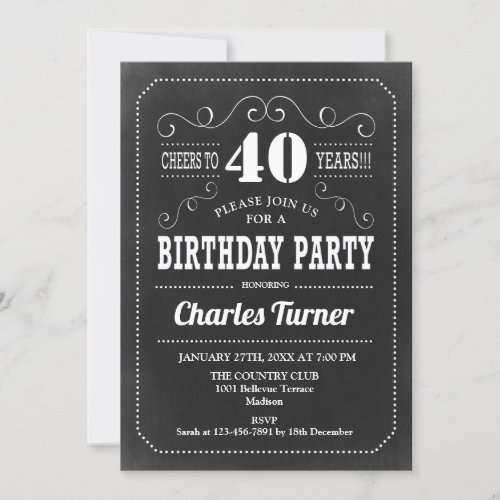40th Birthday Party _ Chalkboard Black White Invitation